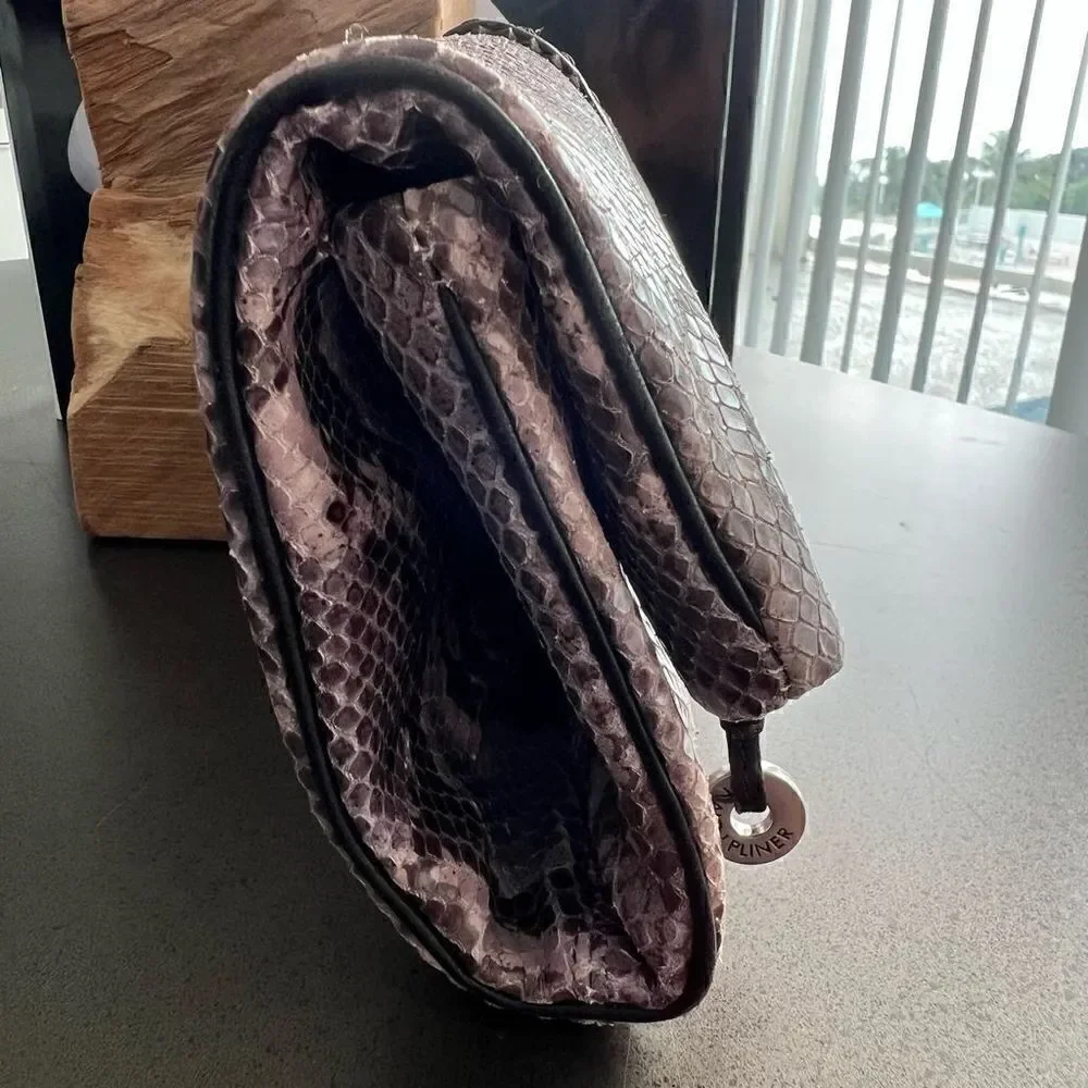 DONALD PLINER  Black Snakeskin Leather Color Brown And Purple  Lined Clutch Purs
